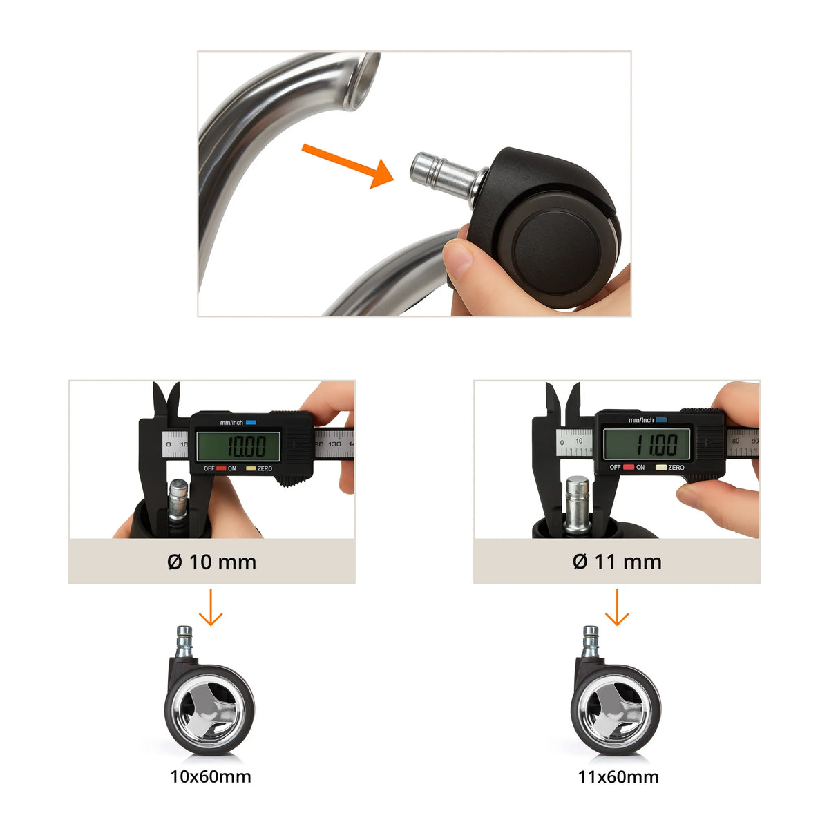 Messanleitung für die Bolzenbreite der Stuhlrollen 5x ROLO GAME No-Noise 11mm/60mm in 10 mm und 11 mm von hjh OFFICE