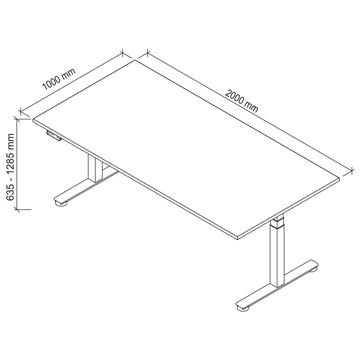 Technische Zeichnung des Schreibtischs XDSM 2E S mit 2000 × 1000 mm von hjh OFFICE PRO