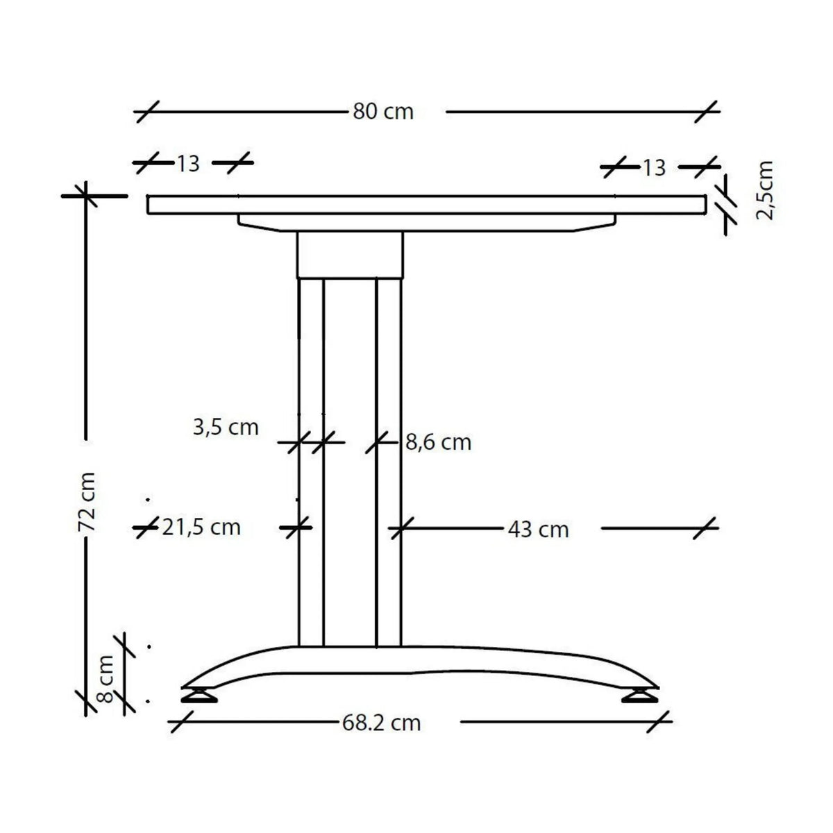 Maßzeichnung des Schreibtisches BELA 12 S mit einer Breite von 80 cm und einer Höhe von 72 cm von hjh OFFICE PRO