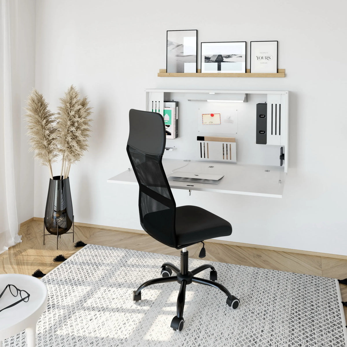 Weißer Wandschreibtisch WOVA als Sekretär mit integriertem Aufsatz und Staufächern von hjh OFFICE PRO