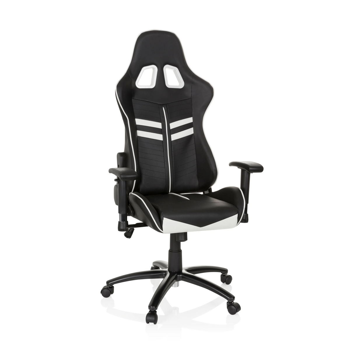 Schwarz-weißer Gamingstuhl LEAGUE PRO mit Kopfstütze und Fußkreuz mit fünf Rollen von hjh OFFICE – 360-Grad-Ansicht (Frontansicht 20°)