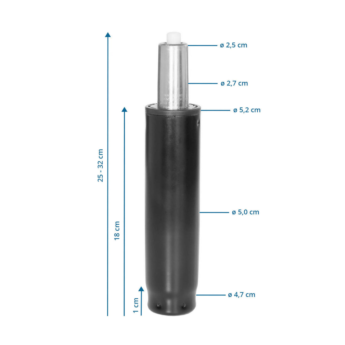 Maßzeichnung der Gasfeder GF-S mit einer Gesamthöhe von 25 bis 32 cm von hjh OFFICE