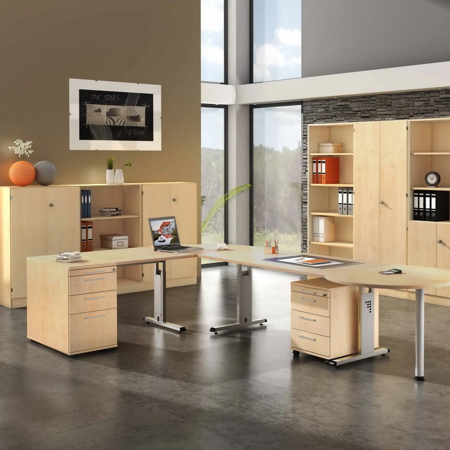 Höhenverstellbarer Schreibtisch MEGA 2E S in Ahorn und Silber mit Rollcontainer und Schrank von hjh OFFICE PRO