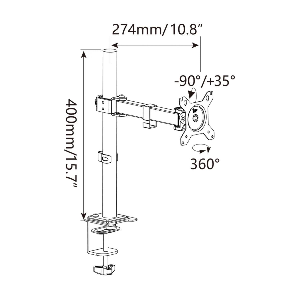 Technische Zeichnung der Monitorhalterung Ergomount M1 mit einer Höhe von 400 mm von hjh OFFICE