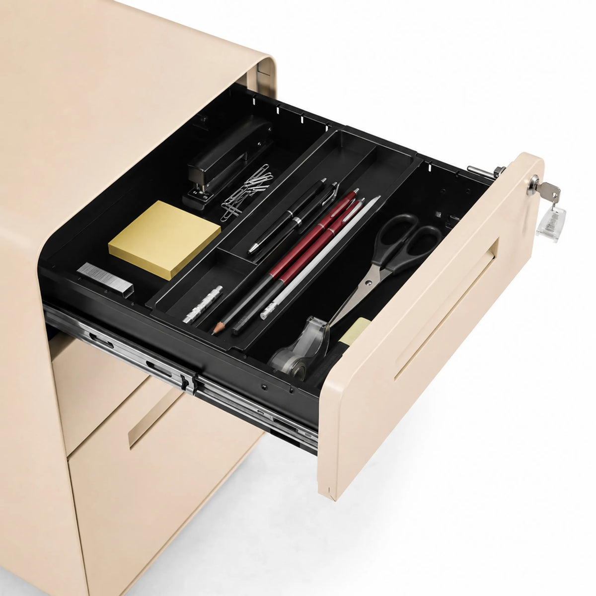 Geöffnete Schublade mit Organizer-Einsatz und Büroutensilien des Rollcontainers COLOR PLUS I in Beige von hjh OFFICE