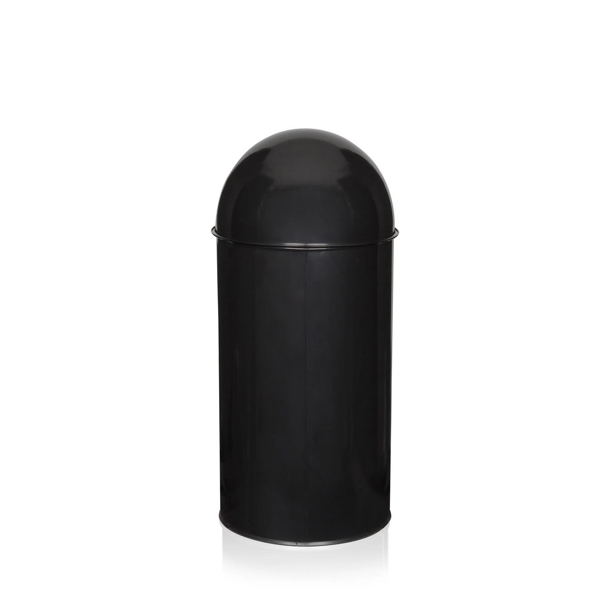 Schwarzer Mülleimer PUSH 35L mit gewölbtem Deckel und silberfarbener Einwurföffnung von hjh OFFICE – 360-Grad-Ansicht (schräge Rückenansicht 240°)
