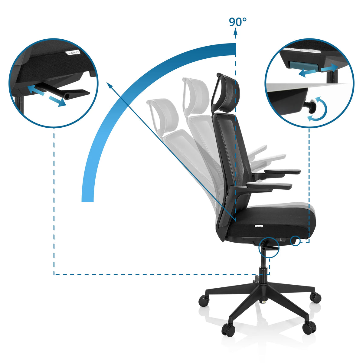 Verstellmechanismus und Neigung bis 90 Grad des Profi-Bürostuhls ARCEO B von hjh OFFICE