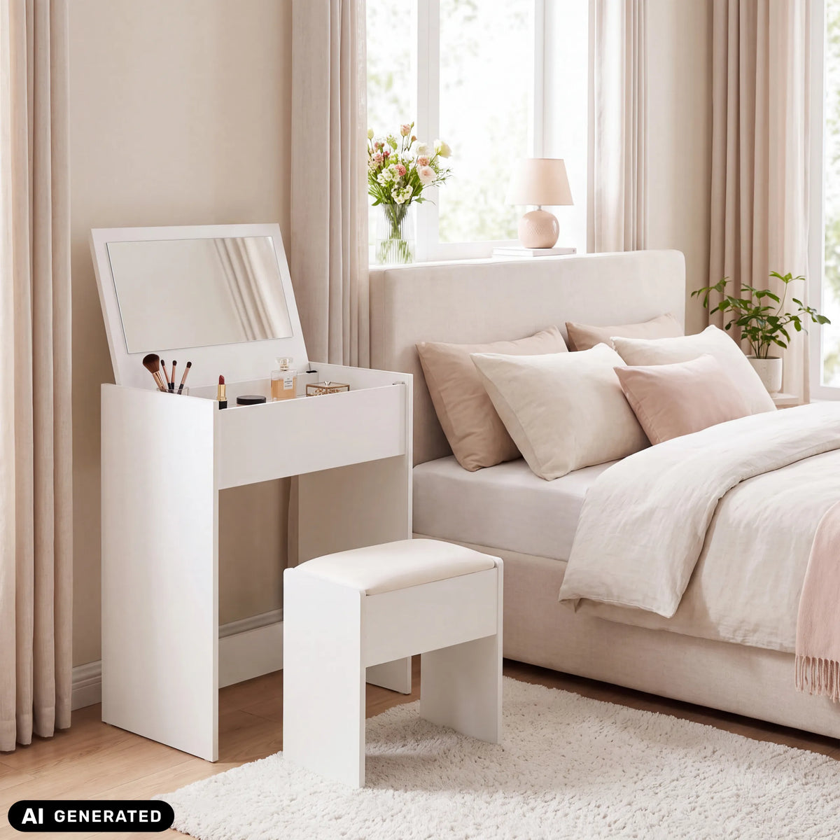 Schminkspiegel Glamdesk in Weiß mit passendem Hocker von hjh LIVING (KI-generiertes Bild)