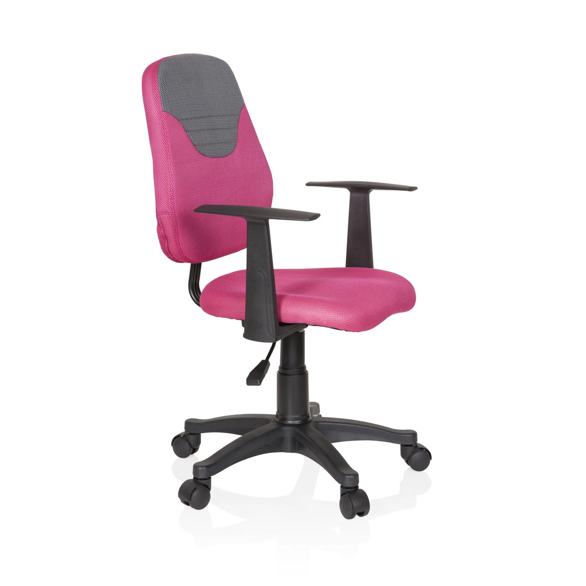 Pink-grauer Kinderdrehstuhl KIDDY STYLE mit Netzrücken und Fußkreuz mit fünf Rollen von hjh OFFICE – 360-Grad-Ansicht (schräge Frontansicht 60°)
