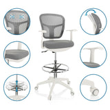 Grauer Counterstuhl TOP WORK 108 W mit Netzrücken, Fußring, weißen Armlehnen und Rollen im Detail von hjh OFFICE