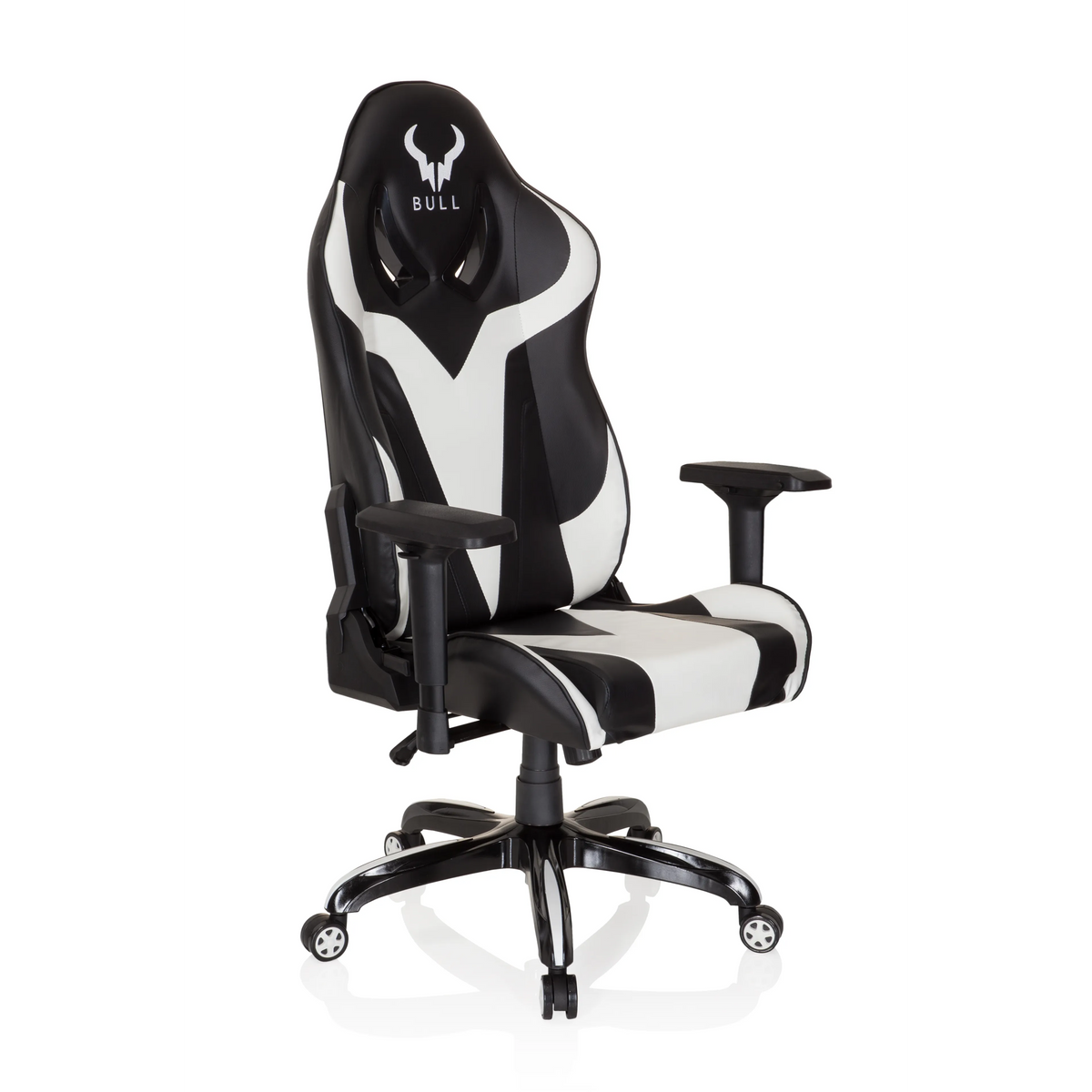 Schwarz-weißer Gamingstuhl PROMOTER I mit Armlehnen und Fußkreuz mit fünf Rollen von hjh OFFICE – 360-Grad-Ansicht (schräge Frontansicht 40°)
