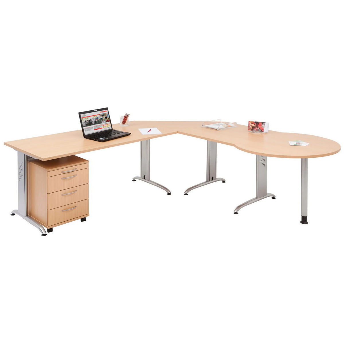 L-förmiger Schreibtisch BELA 12 S in Asteiche mit integriertem Rollcontainer von hjh OFFICE PRO