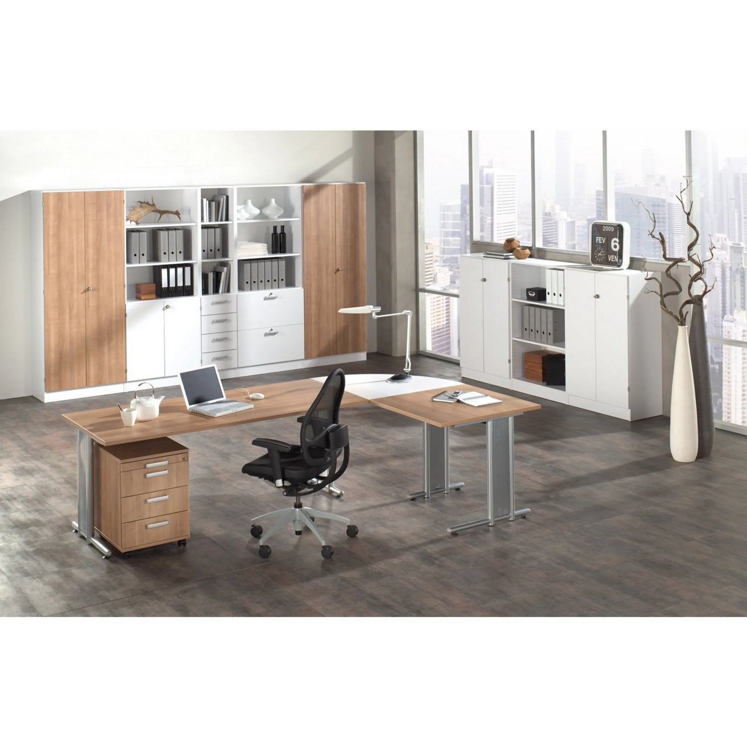 L-förmiger Schreibtisch NANO 2E S in Weiß und Silber mit passendem Rollcontainer von hjh OFFICE PRO