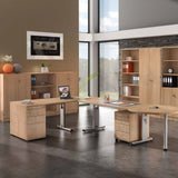 Höhenverstellbarer Schreibtisch MEGA 2E S in Nussbaum und Silber mit Rollcontainer aus der Serie MEGA von hjh OFFICE PRO