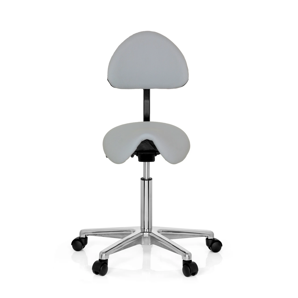 Grauer Sattelhocker TOP WORK 20 mit Rückenlehne und Fußkreuz mit fünf Rollen von hjh OFFICE – 360-Grad-Ansicht (Frontansicht 0°)
