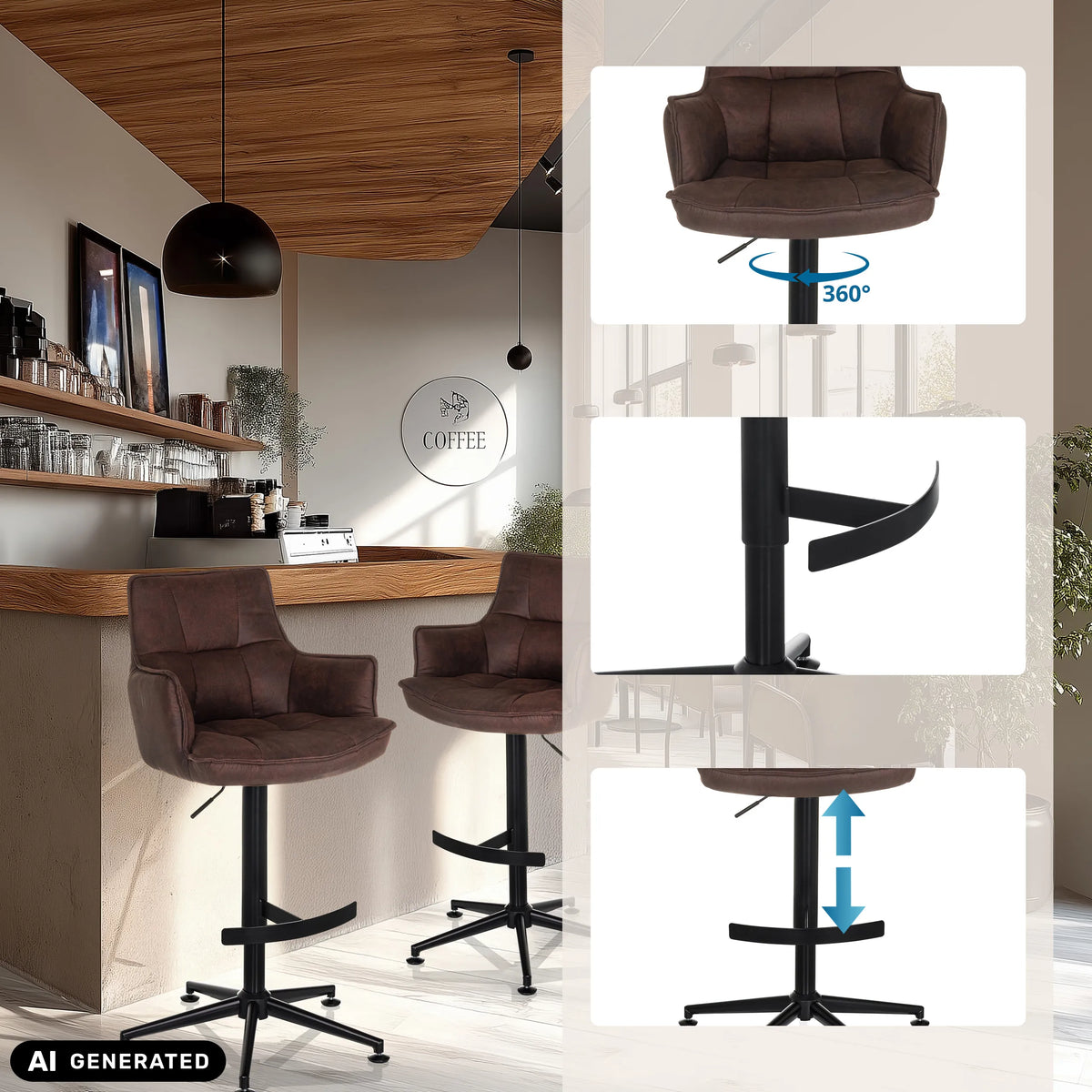 Brauner Barhocker SOLAO LIFE HIGH mit Gaslift, Fußstütze und 360-Grad-Drehfunktion von hjh LIVING (KI-generiertes Bild)
