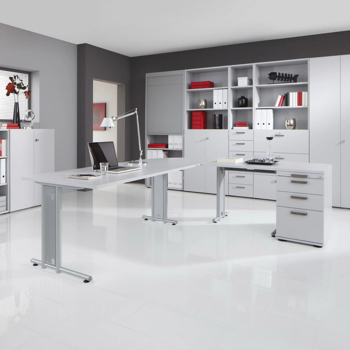 Schreibtisch NANO 8 S in Grau und Silber mit Rollcontainer und Regalsystem von hjh OFFICE PRO