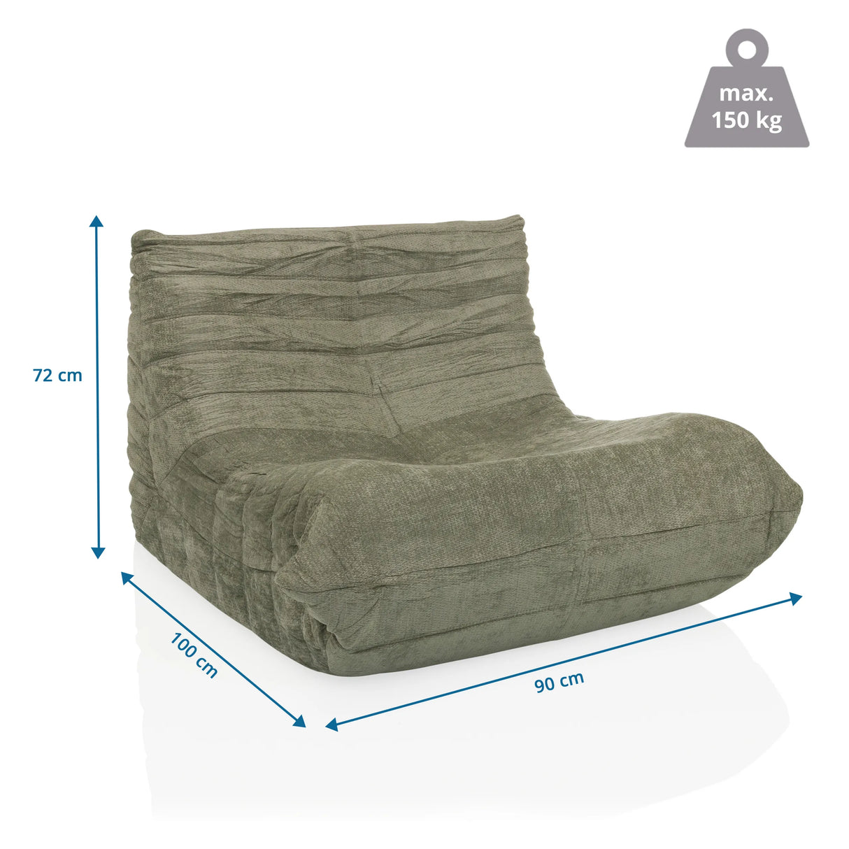 Maßansicht des Loungesessels Sitzolo in Salbei mit 100 × 90 cm und 72 cm Höhe von hjh LIVING