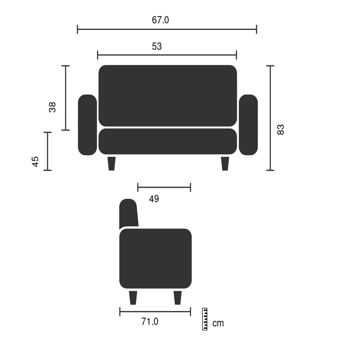Technische Zeichnung des Loungesessels Aruba Retro mit einer Breite von 67 cm und einer Tiefe von 71 cm von hjh OFFICE