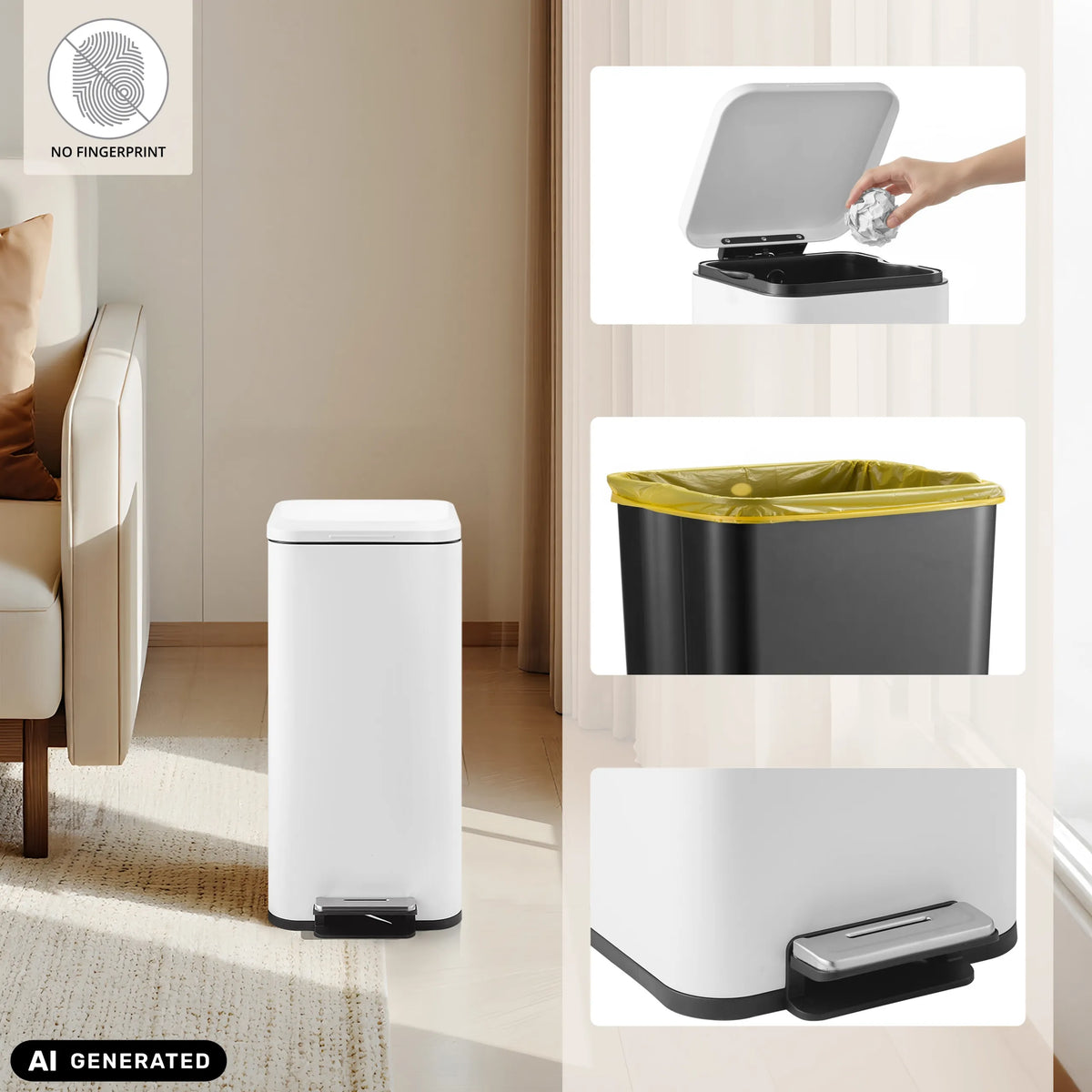 Weißer Mülleimer Clean Square mit Fußpedal und Innenbehälter von hjh OFFICE (KI-generiertes Bild)