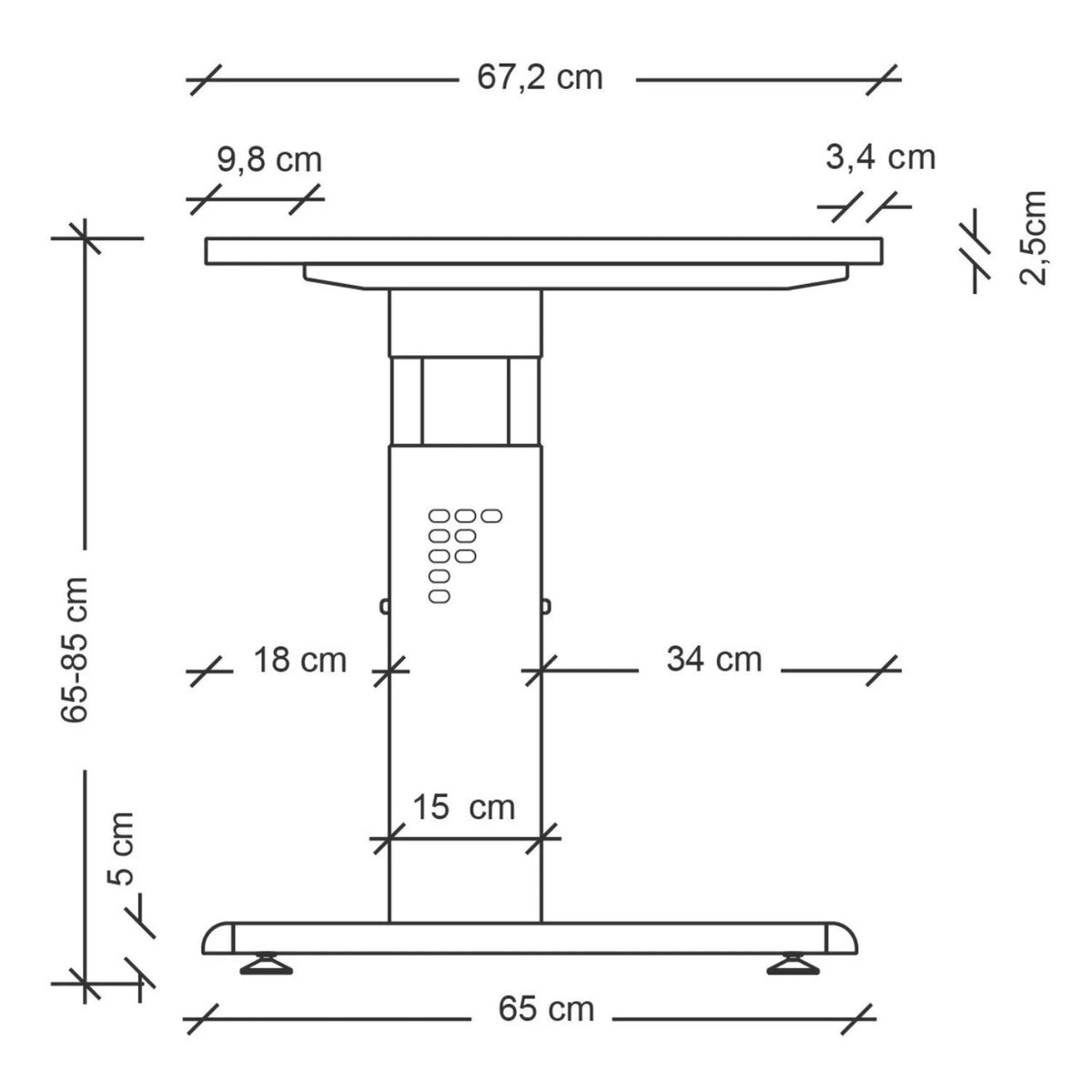 Maßzeichnung des höhenverstellbaren Schreibtisches MEGA 614 G mit einer Höhe von 65-85 cm von hjh OFFICE PRO