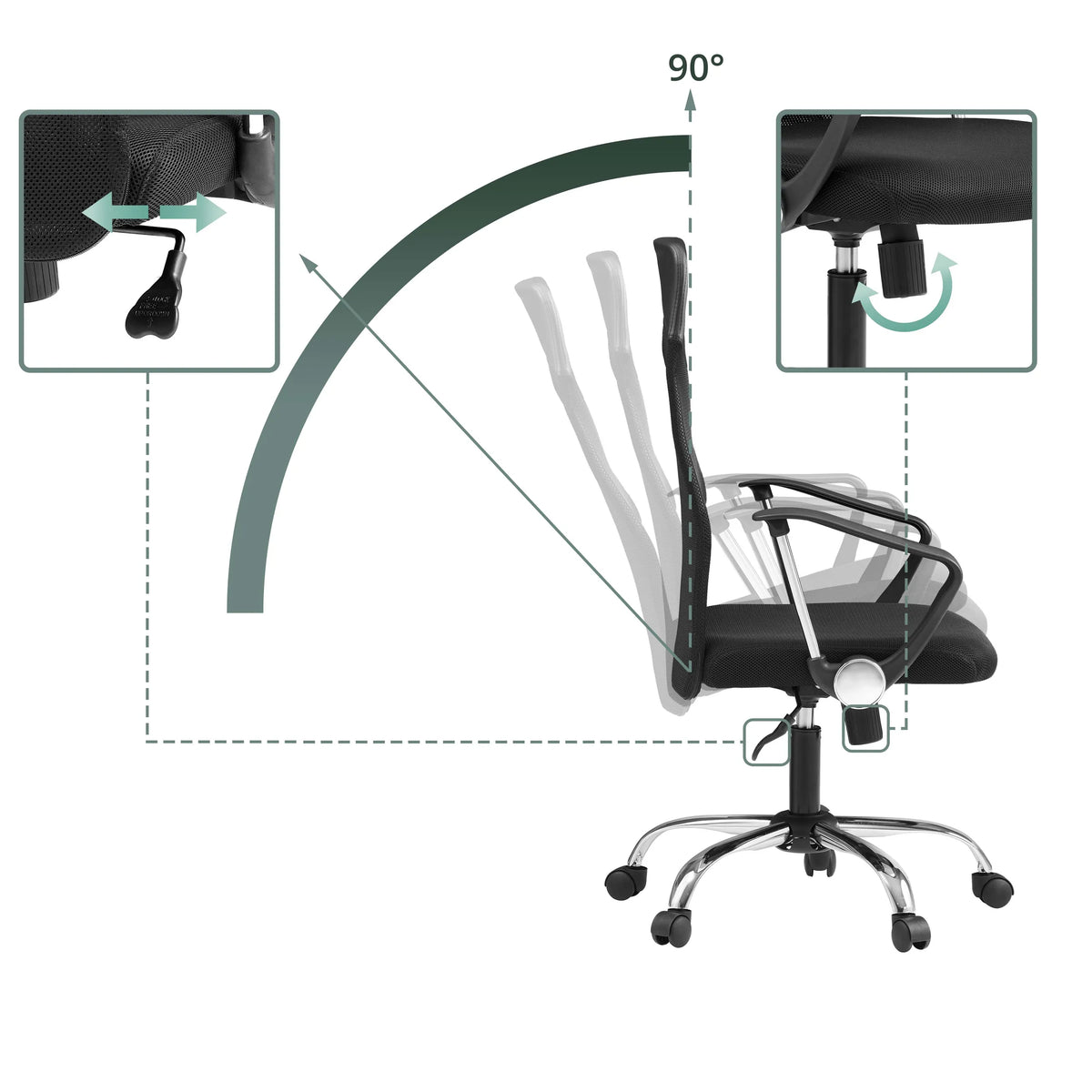 Verstellmechanismen und 90 Grad Neigung des Homeoffice Chefsessels PURE NET von hjh OFFICE