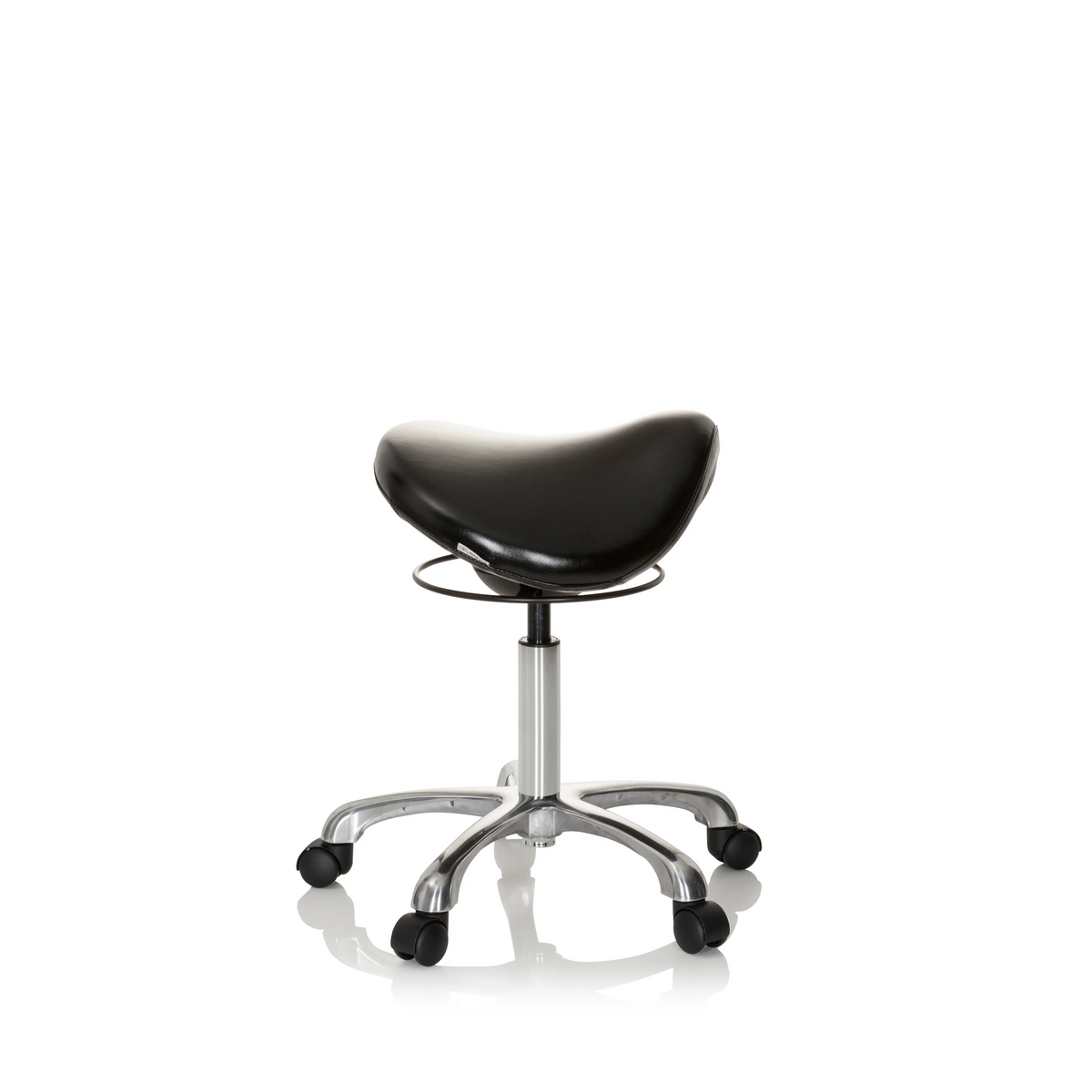 Schwarzer Sattelhocker ORTHO SIT mit Fußkreuz und fünf Rollen von hjh OFFICE – 360-Grad-Ansicht (Seitenprofil 80°)