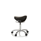 Schwarzer Sattelhocker ORTHO SIT mit Fußkreuz und fünf Rollen von hjh OFFICE – 360-Grad-Ansicht (Seitenprofil 80°)