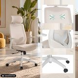 Beiger Homeoffice-Bürostuhl MIKEO W mit Netzrücken und Kopfstütze an einem Schreibtisch von hjh OFFICE
