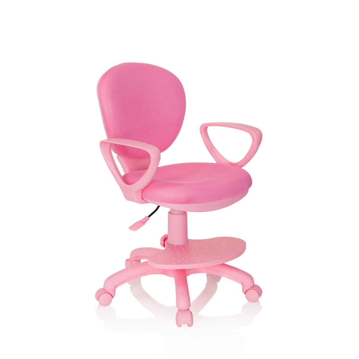 Rosa Kinderdrehstuhl KID COLOUR mit Armlehnen und Fußkreuz mit fünf Rollen von hjh OFFICE – 360-Grad-Ansicht (schräge Frontansicht 40°)
