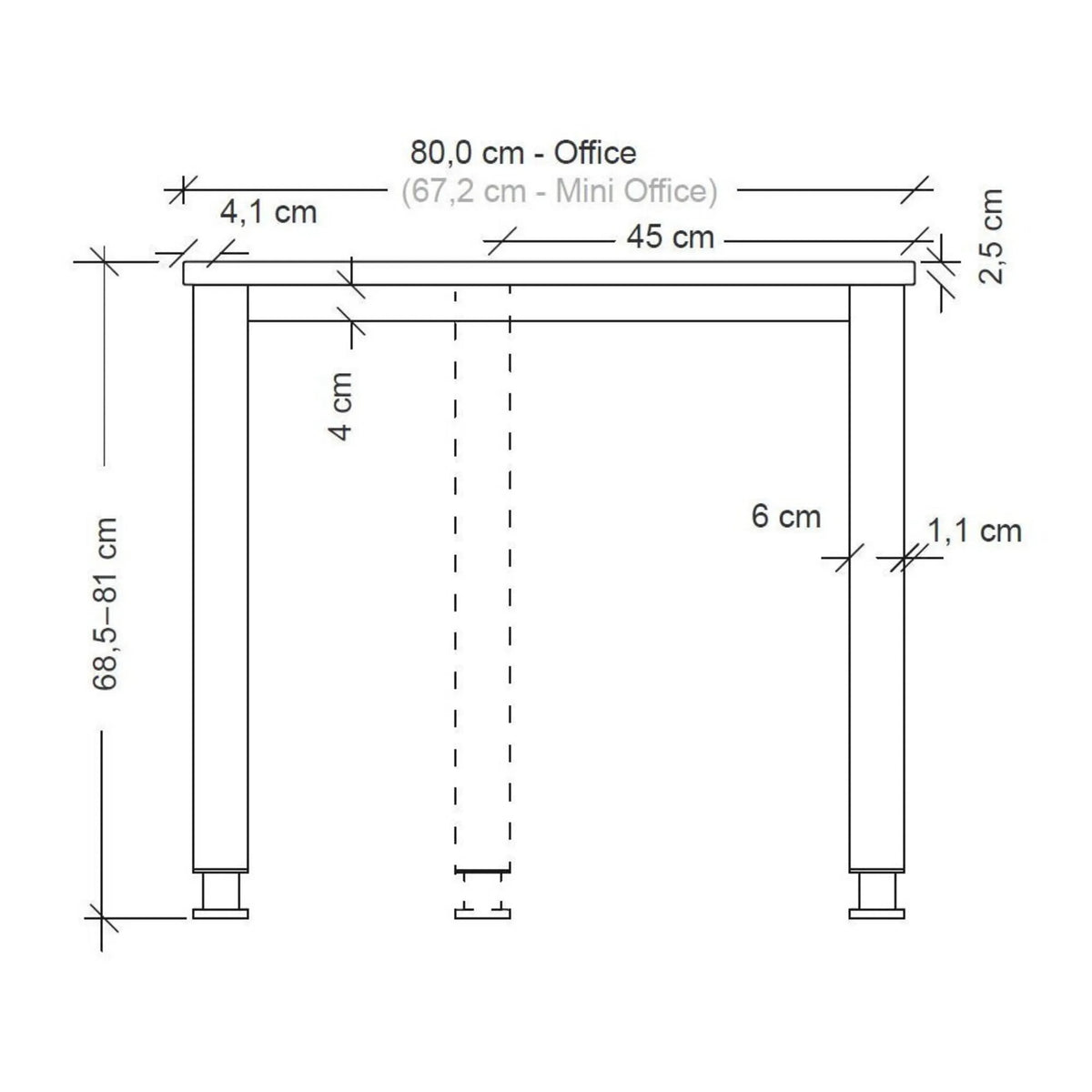 Maßzeichnung des Schreibtischs HILO 82 S der Serie HILO mit einer Höhe von 68,5 bis 81 cm von hjh OFFICE PRO