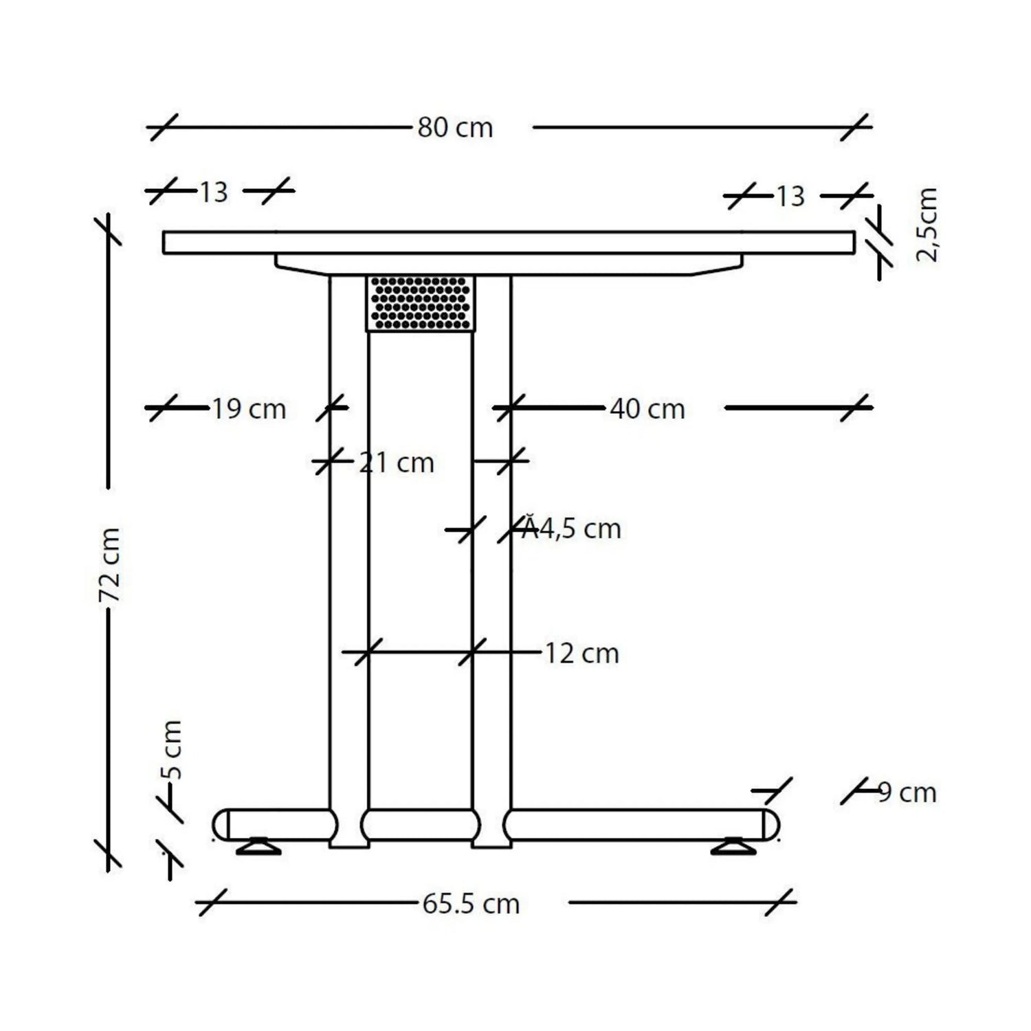 Maßzeichnung des Schreibtisches NANO 82 S der Serie NANO mit einer Höhe von 72 cm von hjh OFFICE PRO