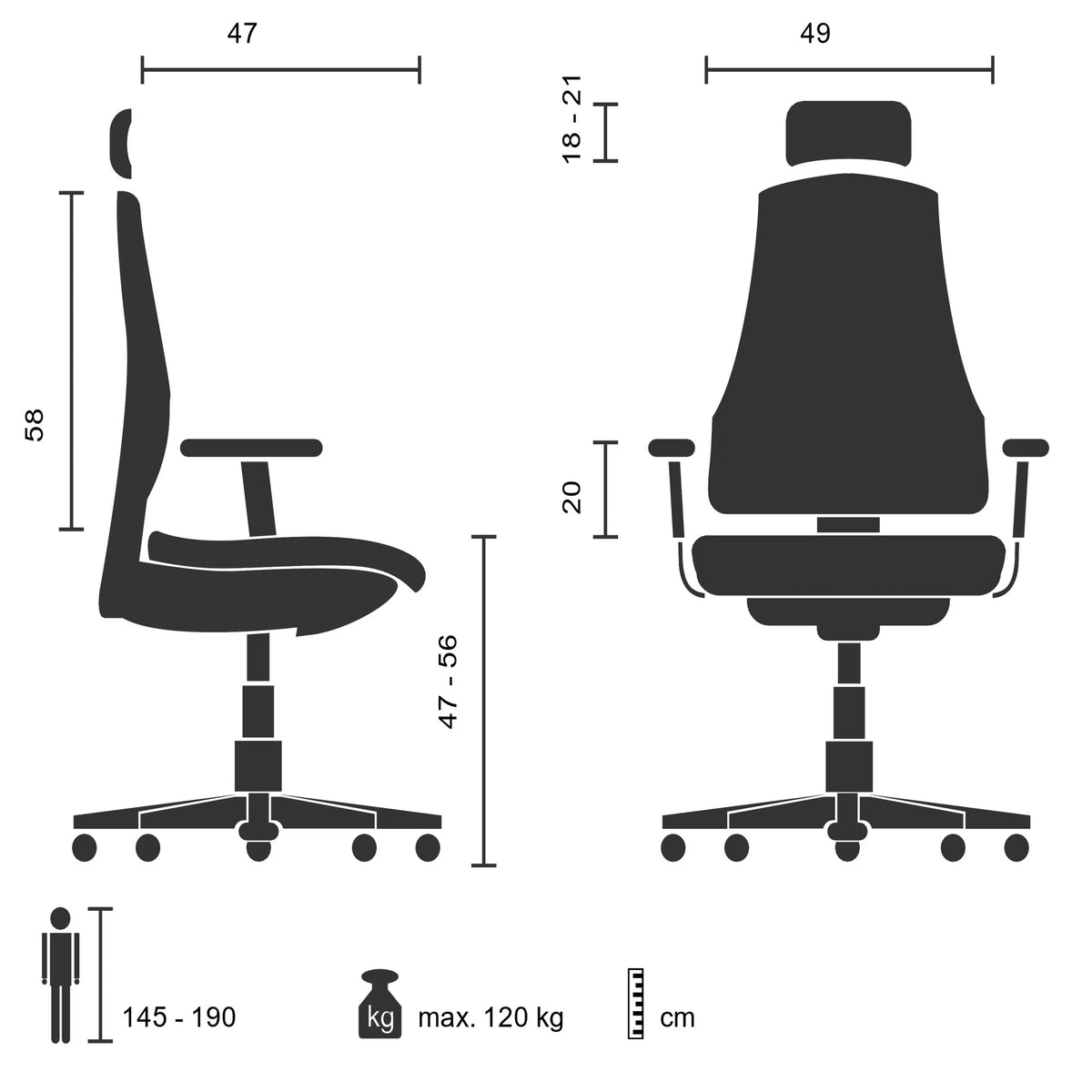 Technische Zeichnung des Profi-Bürostuhls CAPTIVO BASE W mit einer maximalen Belastung von 120 kg von hjh OFFICE