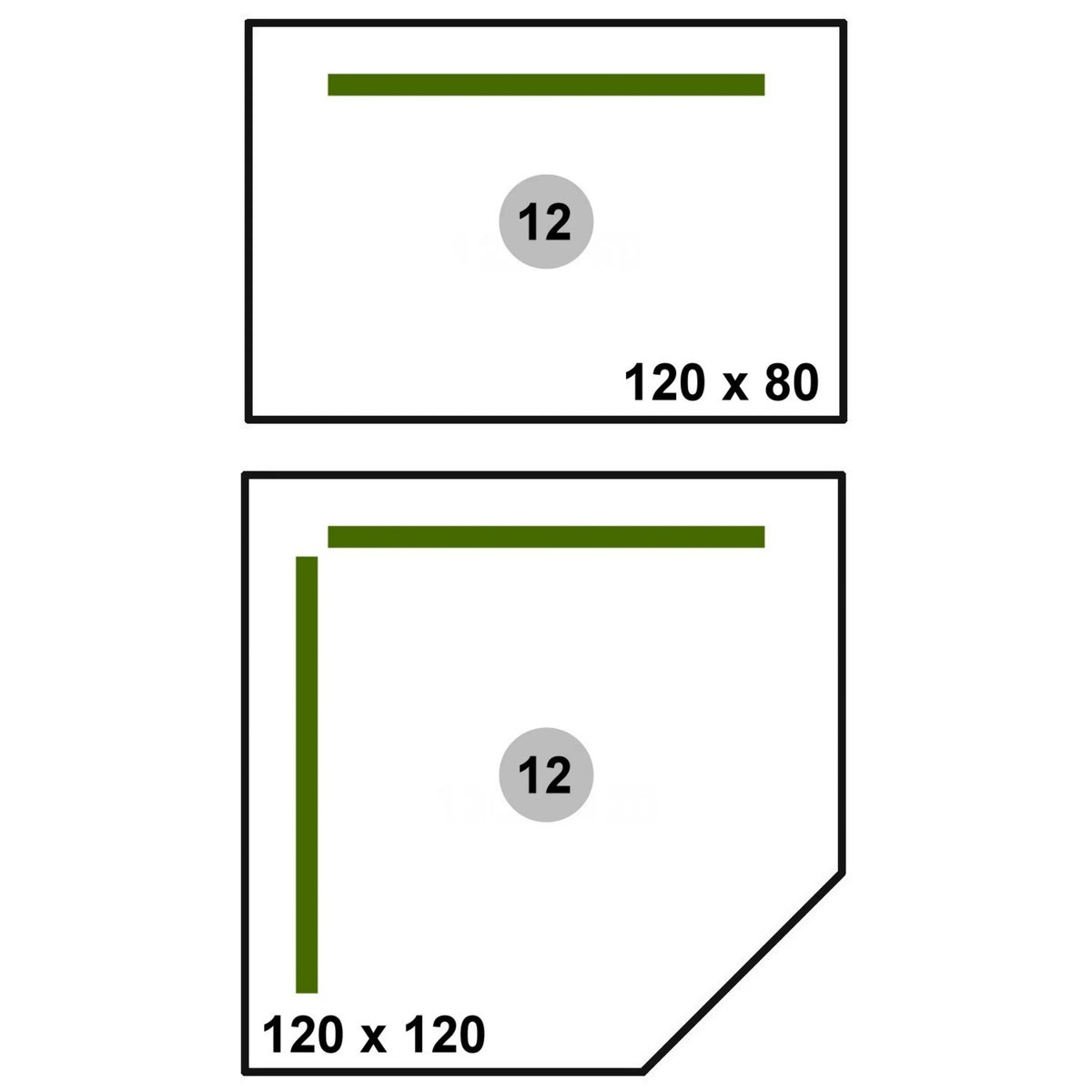 Maßzeichnungen der Sichtblende SI S in den Varianten 120 × 80 cm und 120 × 120 cm von hjh OFFICE PRO