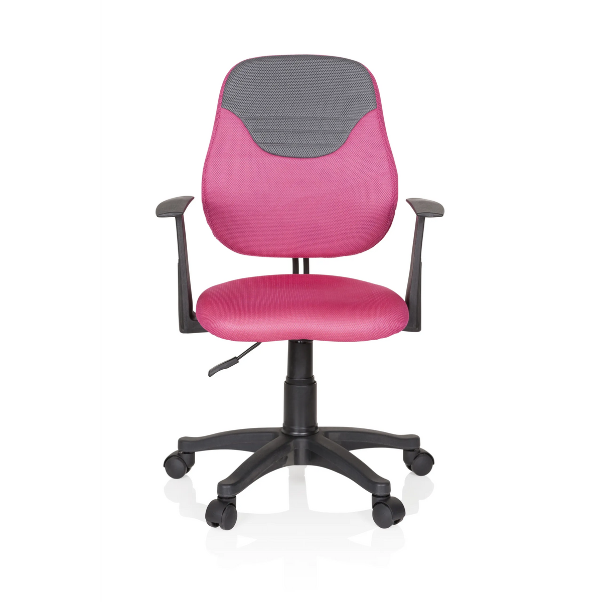 Pink-grauer Kinderdrehstuhl KIDDY STYLE mit Netzrücken und Fußkreuz mit fünf Rollen von hjh OFFICE – 360-Grad-Ansicht (Frontansicht 0°)
