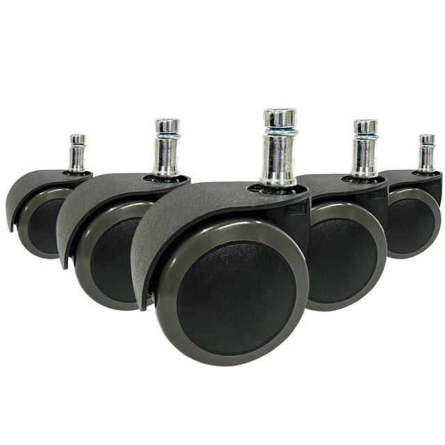 Fünf schwarze Stuhlrollen 5x ROLO EASY 11mm/50mm für Hartböden mit metallenen Befestigungsstiften von hjh OFFICE