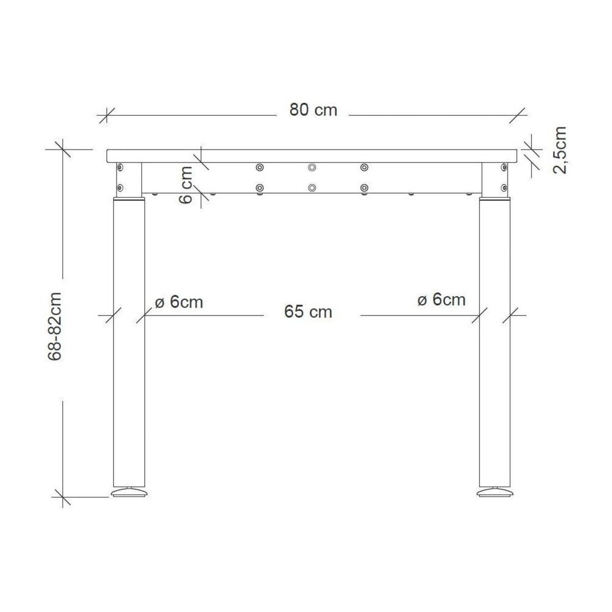 Maßzeichnung des Schreibtischs YAMA 19 G mit einer Breite von 80 cm und Höhe von 68-82 cm von hjh OFFICE PRO