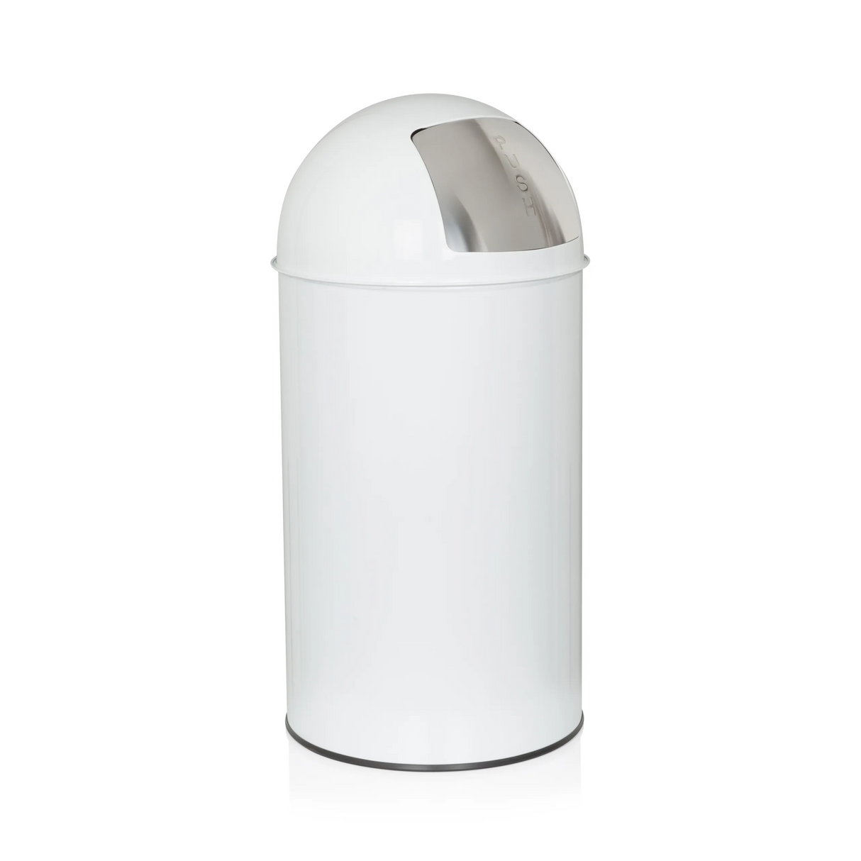 Weißer Mülleimer PUSH 50L mit einer silberfarbenen Druckklappe von hjh OFFICE – 360-Grad-Ansicht (schräge Rückenansicht 120°)