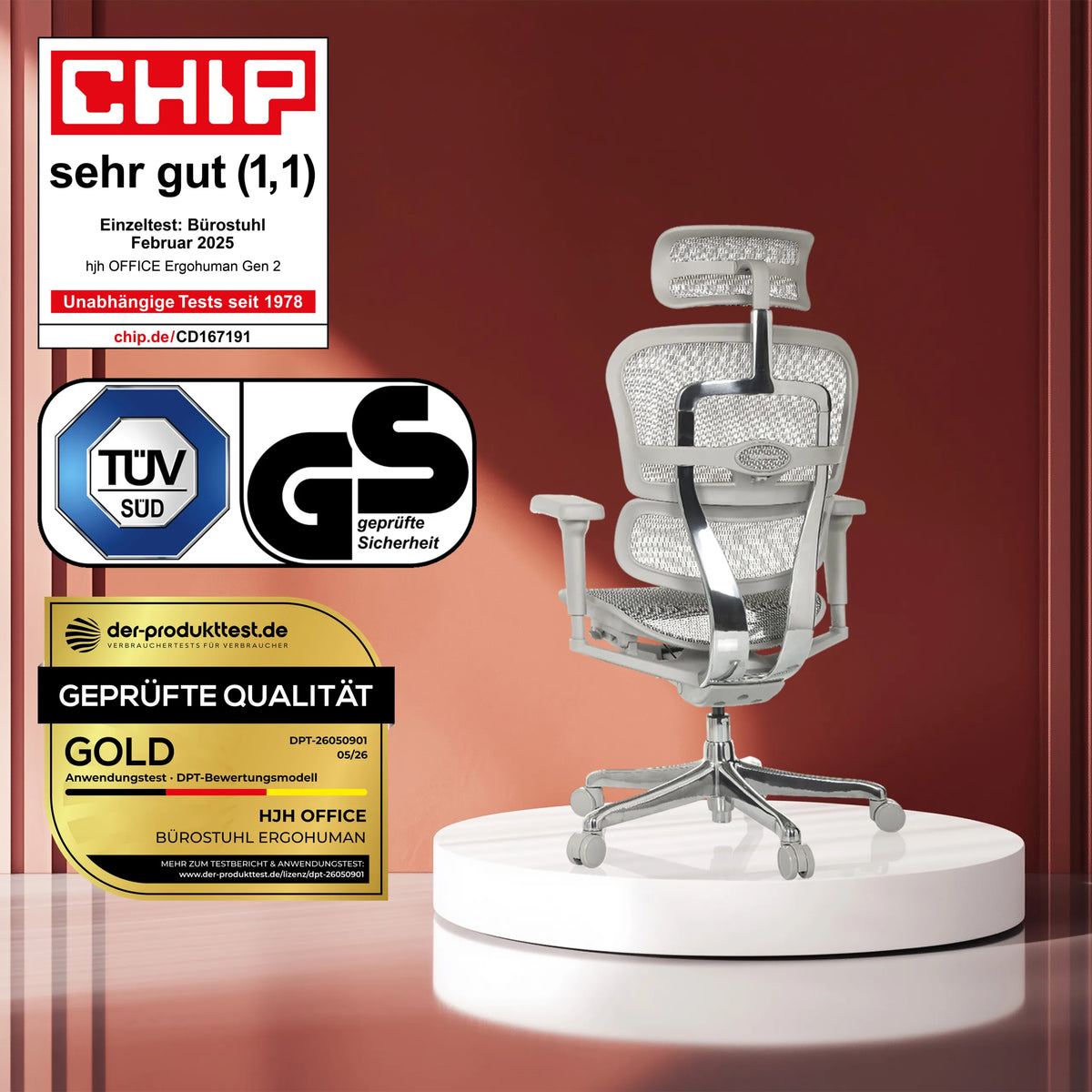 Luxus-Chefsessel ERGOHUMAN ULTRA G GEN2 in Grau mit Netzbespannung und verschiedenen Prüfsiegeln von hjh OFFICE