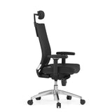 Schwarzer Profi-Bürostuhl PORTO MAX HIGH aus Leder mit Kopfstütze und Fußkreuz mit fünf Rollen von hjh OFFICE – 360-Grad-Ansicht (Seitenprofil 75°)
