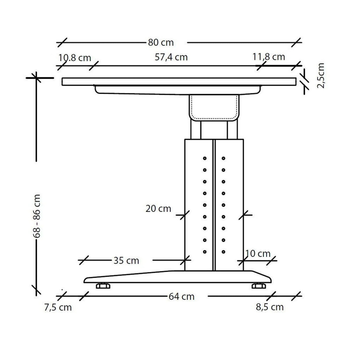 Maßzeichnung des höhenverstellbaren Schreibtischs UNDA 12 W mit einer Breite von 80 cm von hjh OFFICE PRO