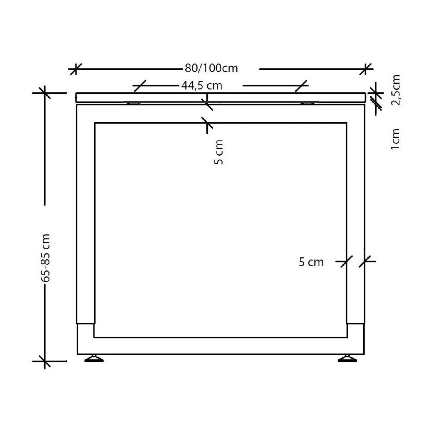 Maßzeichnung des Schreibtisches REGO 82 S mit Breite 80/100 cm und Höhe 65-85 cm von hjh OFFICE PRO