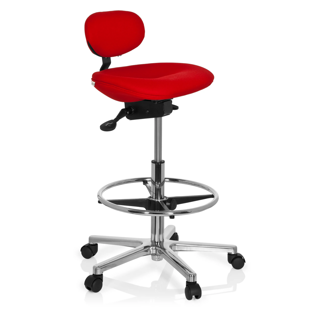 Roter Counterstuhl WORK MF mit Fußring und Fußkreuz mit fünf Rollen von hjh OFFICE – 360-Grad-Ansicht (schräge Frontansicht 60°)