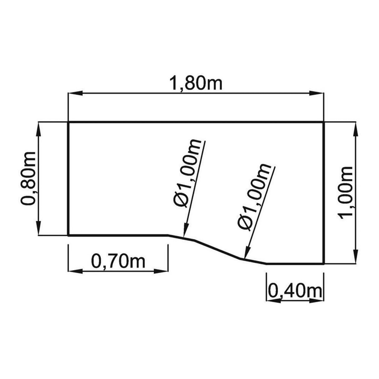 Technische Zeichnung des Schreibtischs NANO 18 S mit 1,80 × 1,00 m von hjh OFFICE PRO