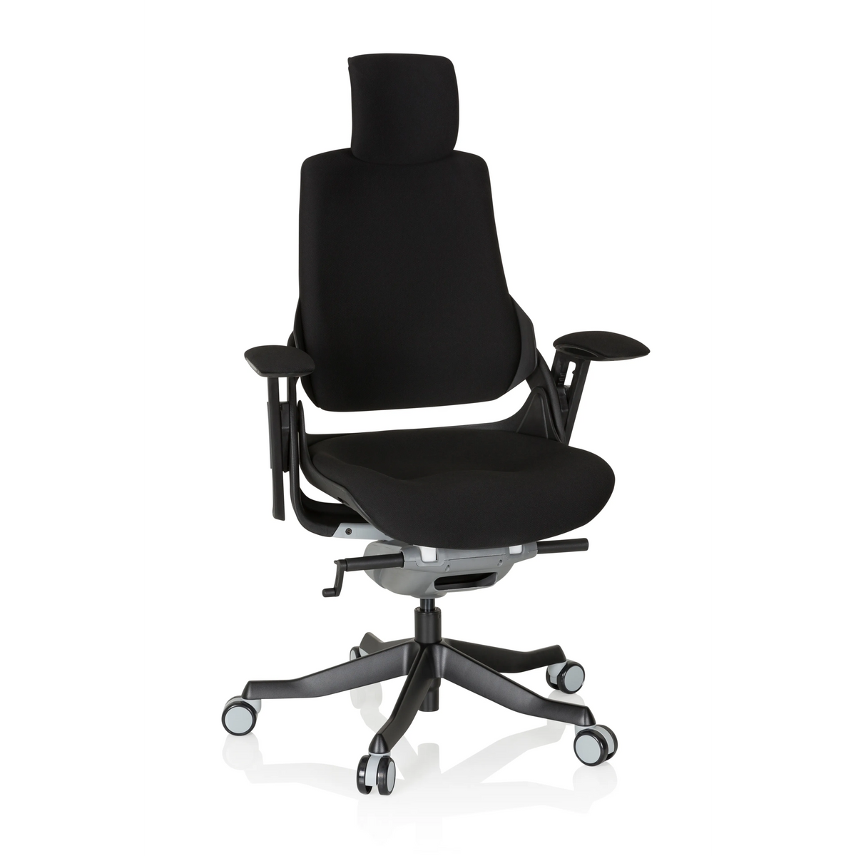 Schwarzer Profi-Bürostuhl SPEKTRE BLACK mit Kopfstütze, Armlehnen und Fußkreuz mit fünf Rollen von hjh OFFICE – 360-Grad-Ansicht (Frontansicht 20°)