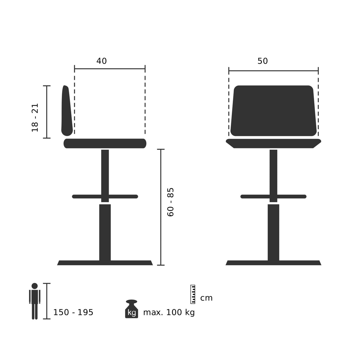 Technische Zeichnung des Counterstuhls WORK MF mit einer Sitzhöhe von 60–85 cm von hjh OFFICE