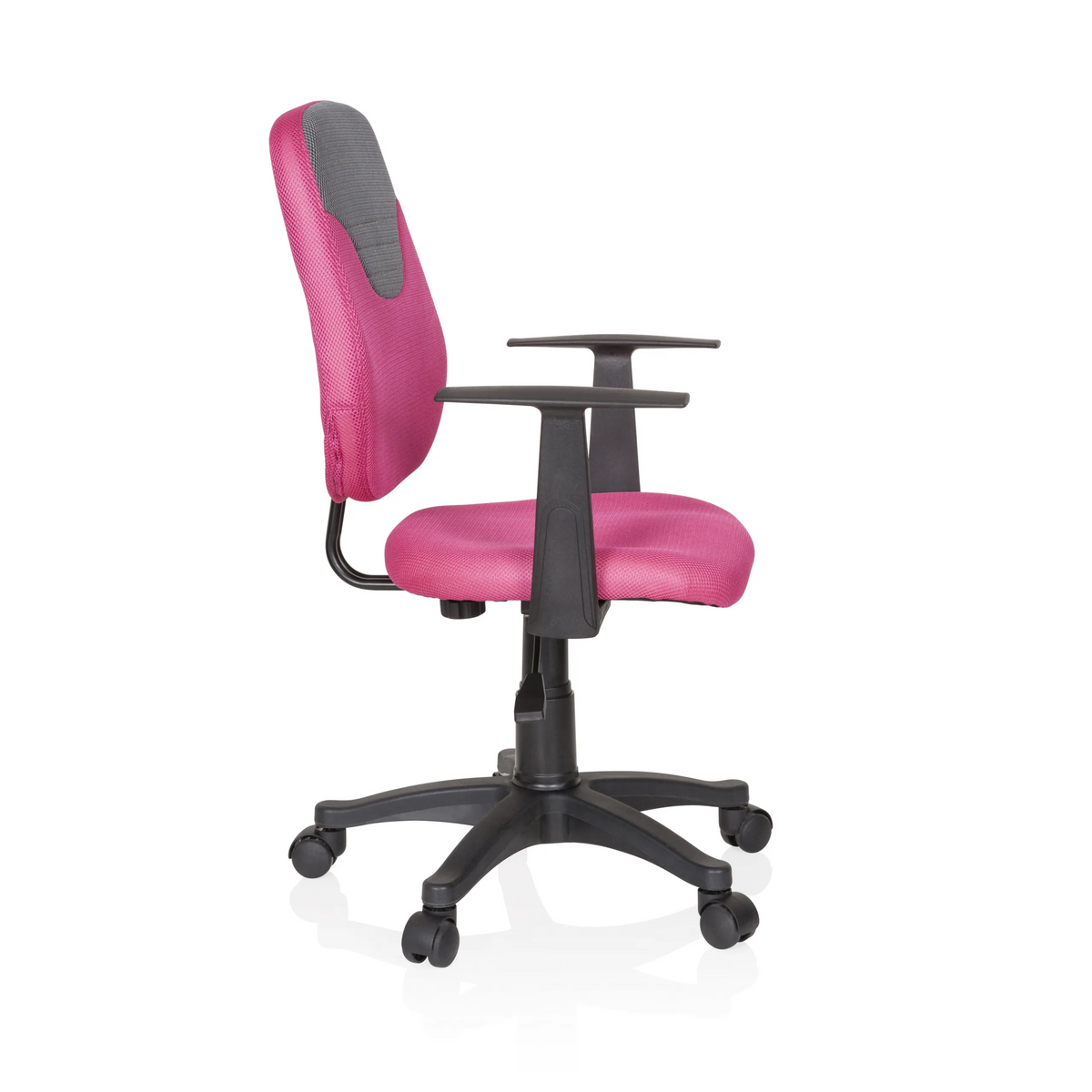 Pink-grauer Kinderdrehstuhl KIDDY STYLE mit Netzrücken und Fußkreuz mit fünf Rollen von hjh OFFICE – 360-Grad-Ansicht (Seitenprofil 80°)