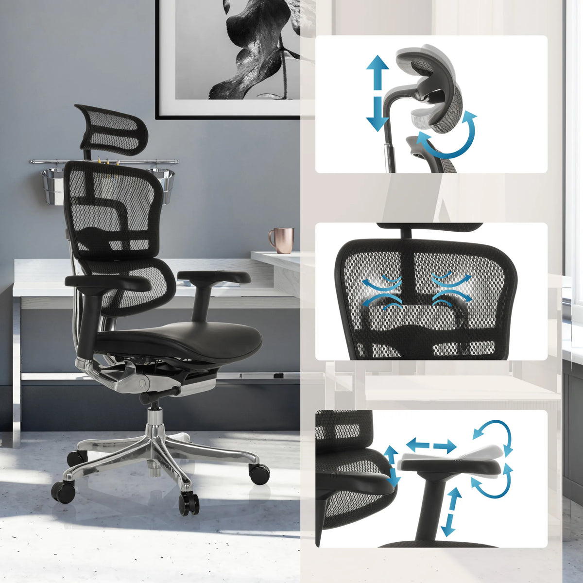 Verstellbare Kopfstütze, Rückenlehne und Armlehnen des Luxus-Chefsessel ERGOHUMAN GEN2 von hjh OFFICE