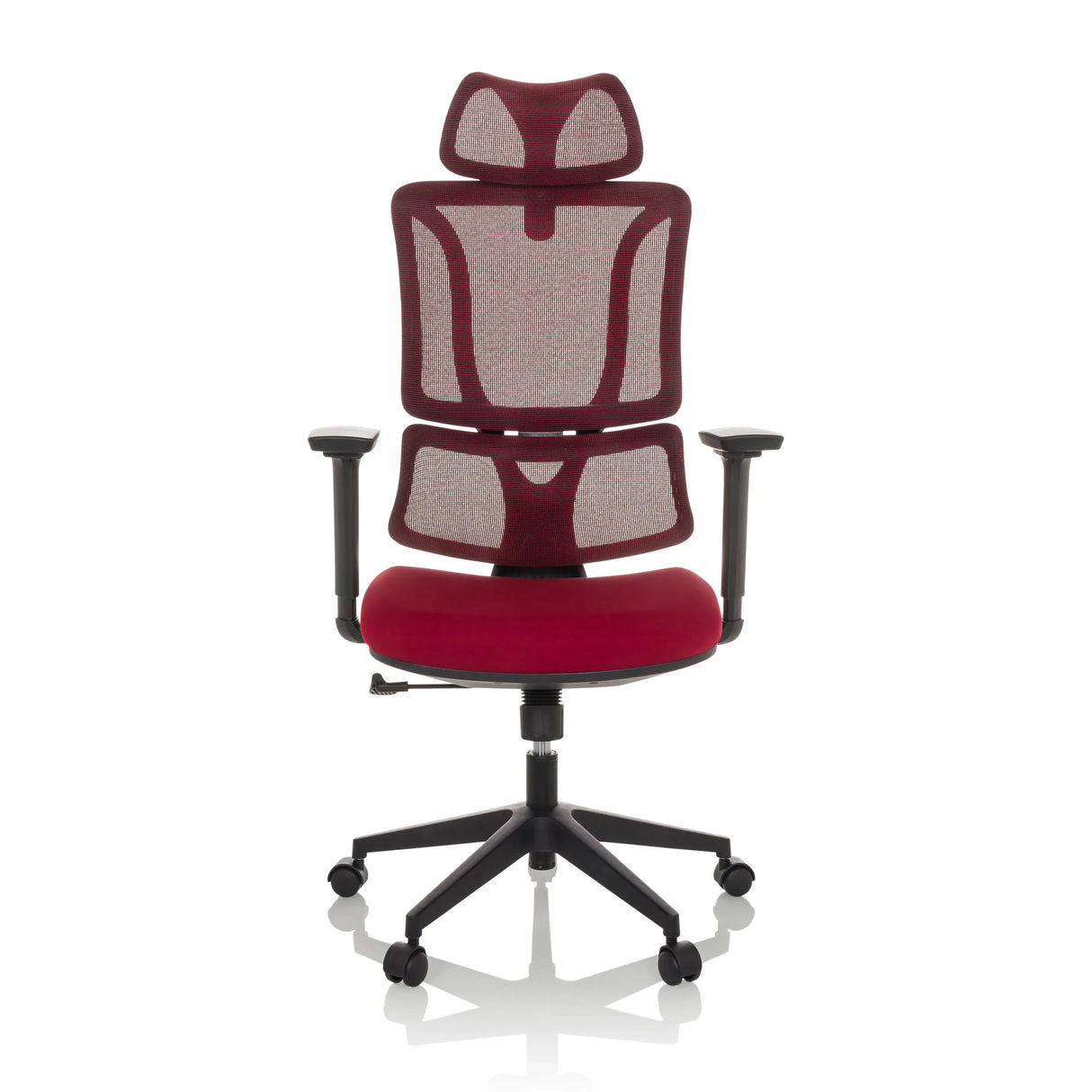 Roter Homeoffice-Bürostuhl ERGOMY mit Netzrücken und Fußkreuz mit fünf Rollen von MyBuero – 360-Grad-Ansicht (Frontansicht 0°)