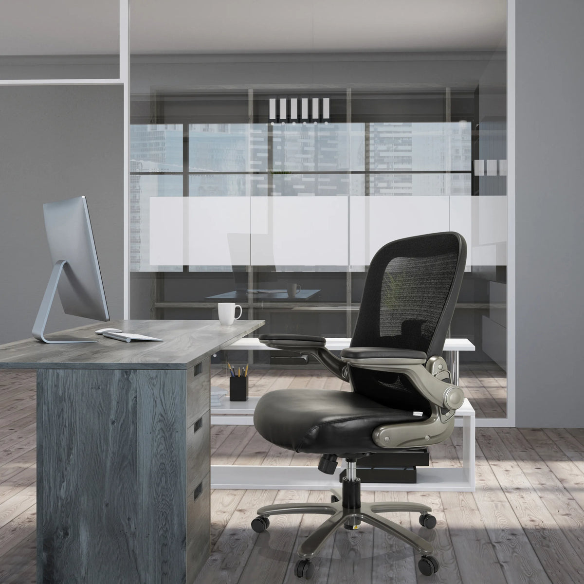XXL Drehstuhl INSTRUCTOR T I in Schwarz mit Netzrückenlehne und Kunstledersitz von hjh OFFICE